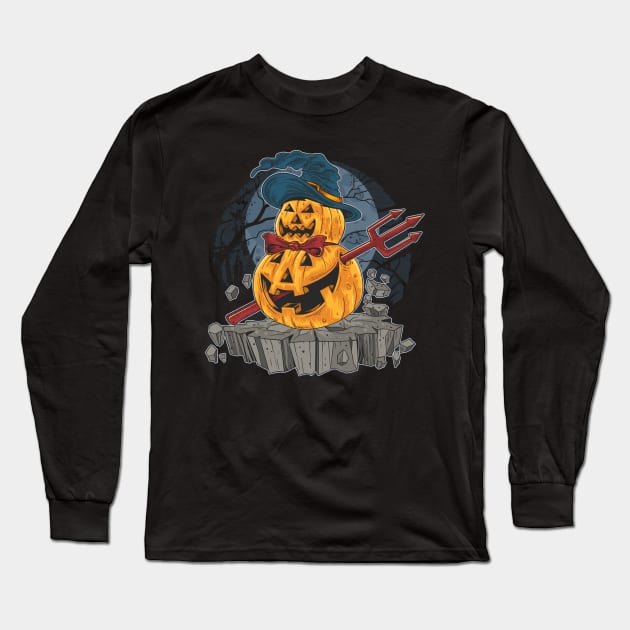 Pumpkin Trident Man - Scary Jack O Lantern Halloween Cartoon Art Long Sleeve T-Shirt by bigbikersclub